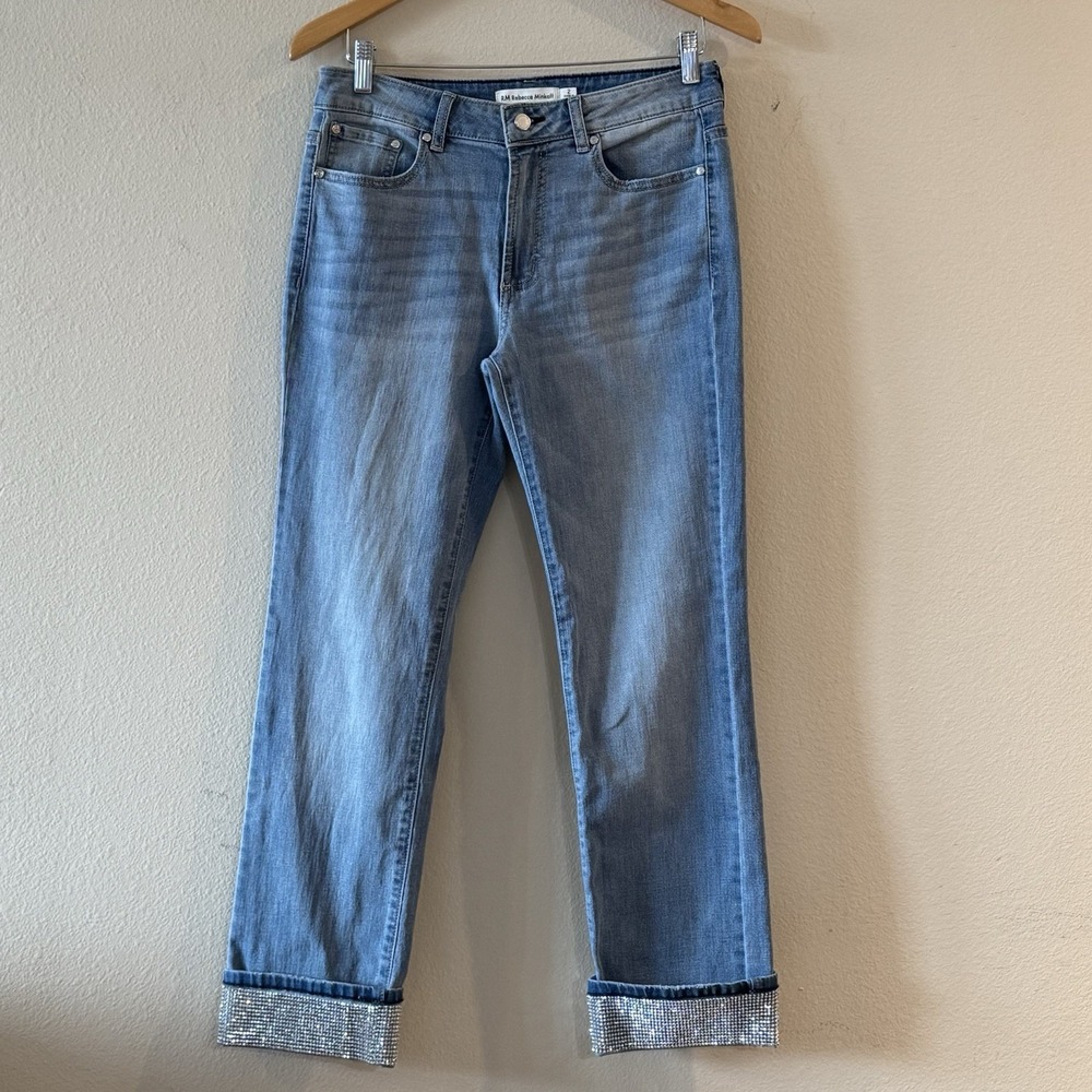 Rhinestone Cuff Crop Jeans Sparkly Crystal Hem Light Wash Denim RM Sz 2